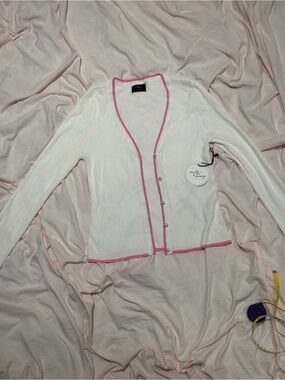 White & Pink Trim Ribbed Button-Cardigan Sweater